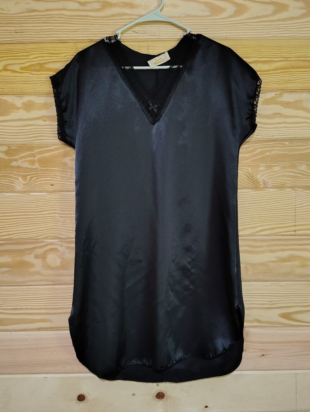 Vintage Intimate Moments Black Satin Lace Trim Nightgown Sleep Shirt Slip Dress